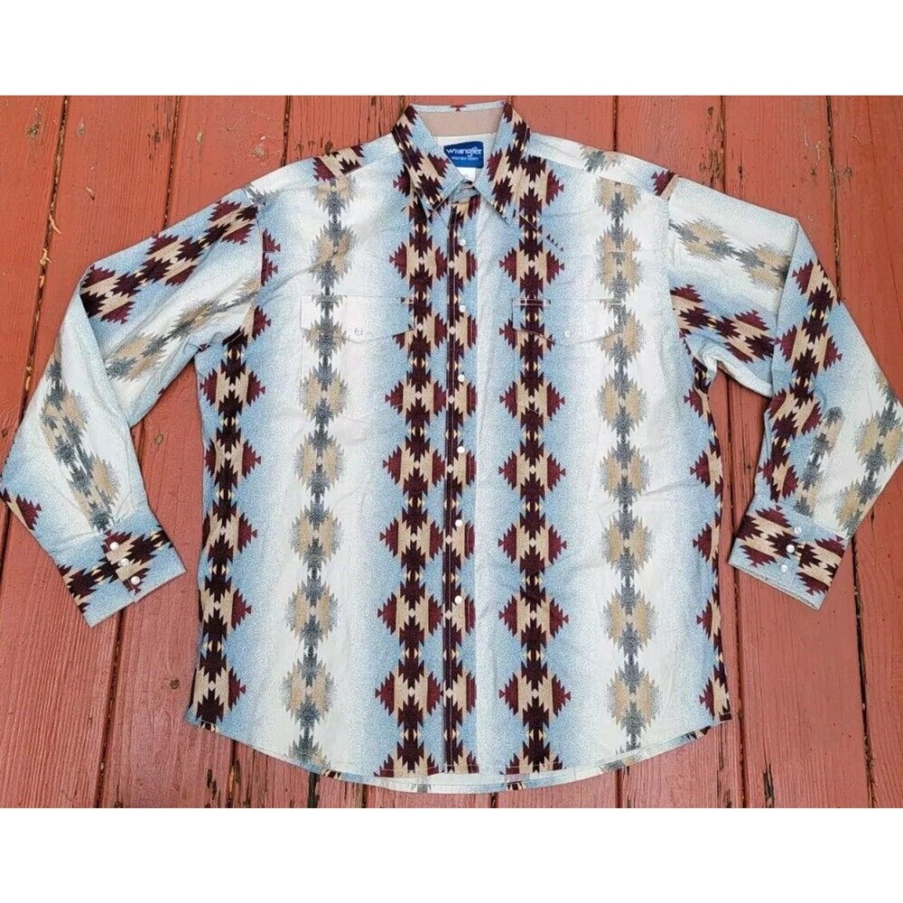 Wrangler Western Brushpopper Shirt Colorful Blue Native Aztex Geometric Size XL